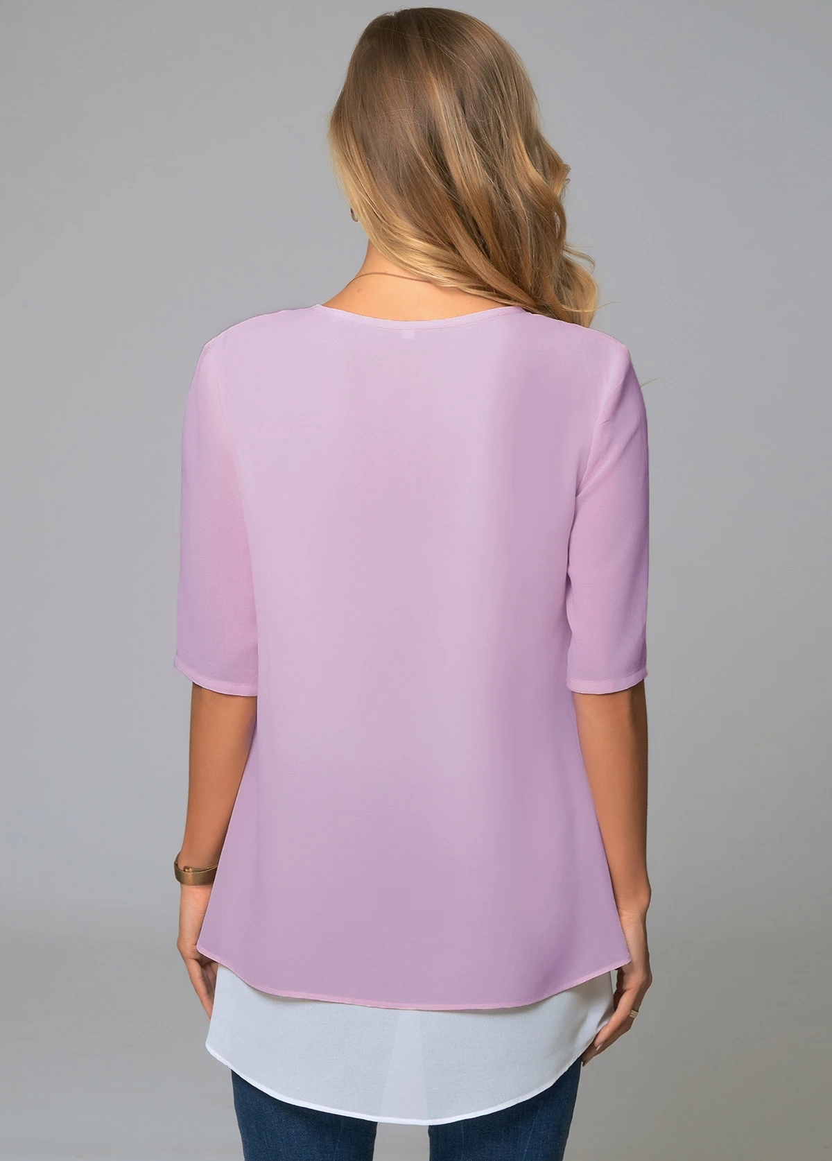 Faux Two Piece Round Neck Decorative Button Blouse 4 Faux Two Piece Round Neck Decorative Button Blouse - Image 2