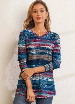 Printed Long Sleeve V Neck T Shirt -UrbanLayer Store 280237 P 16292781073562