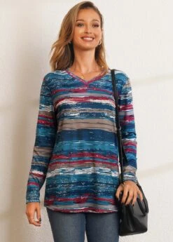 Printed Long Sleeve V Neck T Shirt -UrbanLayer Store 280237 P 16292781076394