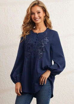 Flower Applique Sequin Crinkle Chest Navy Blue Blouse -UrbanLayer Store 283731 P 16358160022742