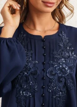 Flower Applique Sequin Crinkle Chest Navy Blue Blouse -UrbanLayer Store 283731 P 16358160023334
