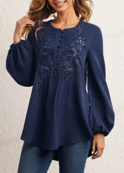 Flower Applique Sequin Crinkle Chest Navy Blue Blouse