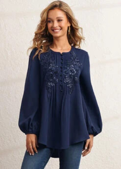 Flower Applique Sequin Crinkle Chest Navy Blue Blouse -UrbanLayer Store 283731 P 16358160029083