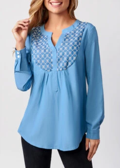 Faux Denim Split Neck Long Sleeve Blouse