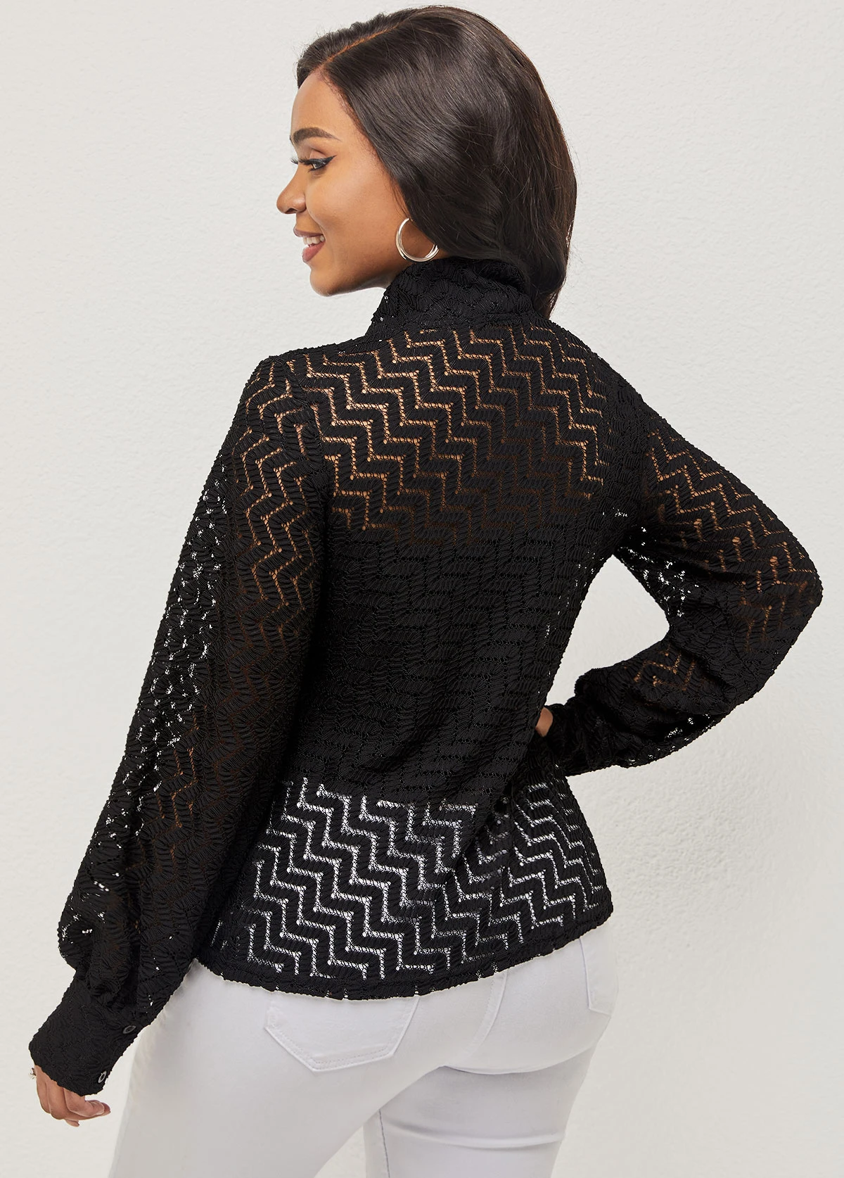 Black Pierced Tie Front Lantern Sleeve Blouse 4 Black Pierced Tie Front Lantern Sleeve Blouse - Image 2