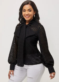 Black Pierced Tie Front Lantern Sleeve Blouse 10 Black Pierced Tie Front Lantern Sleeve Blouse -UrbanLayer Store 286018 P 16353237085162