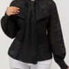 Black Pierced Tie Front Lantern Sleeve Blouse