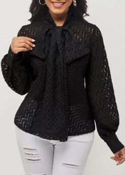 Black Pierced Tie Front Lantern Sleeve Blouse