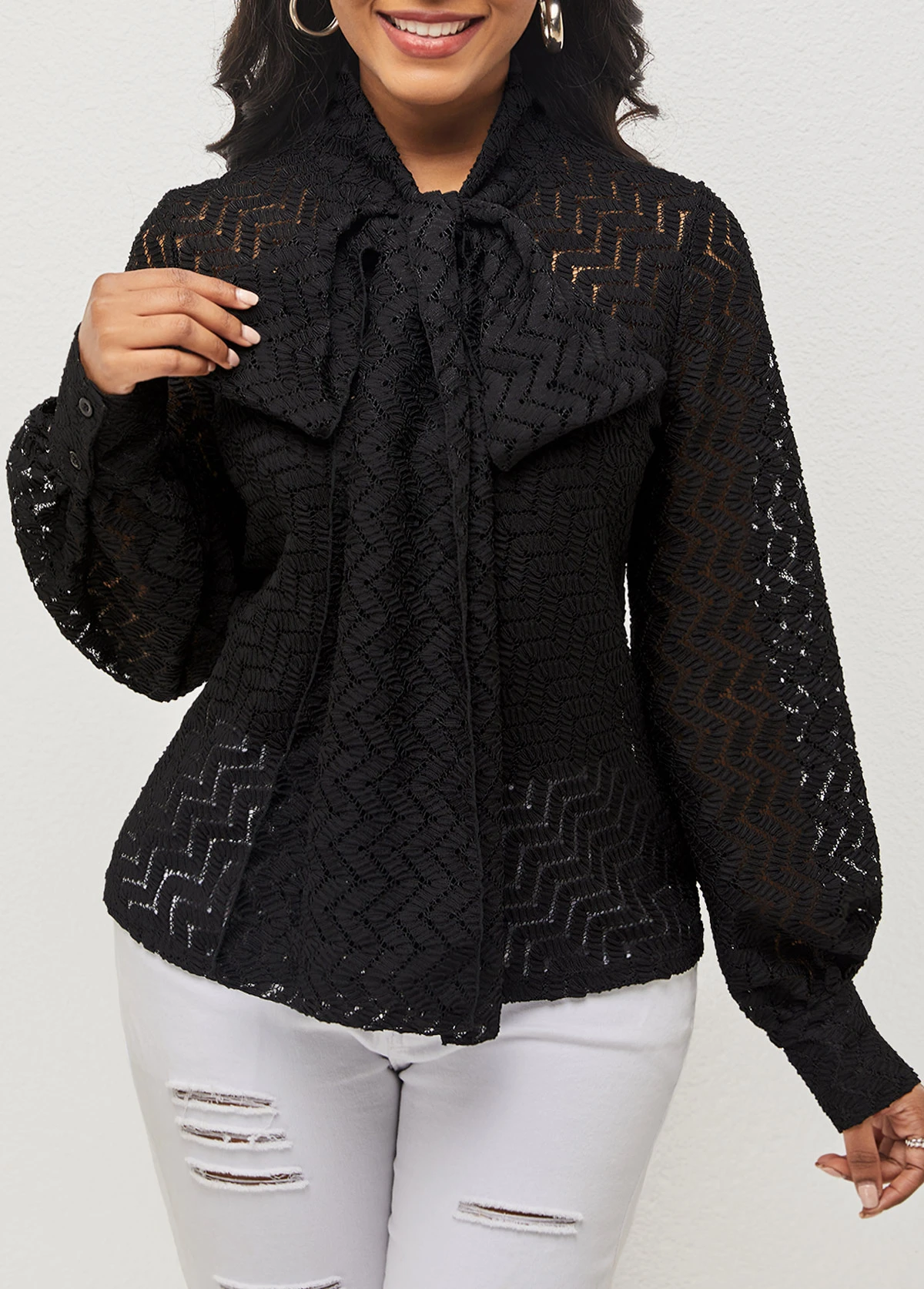 Black Pierced Tie Front Lantern Sleeve Blouse 3 Black Pierced Tie Front Lantern Sleeve Blouse