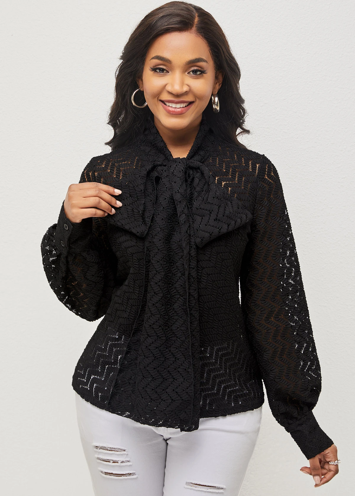 Black Pierced Tie Front Lantern Sleeve Blouse 8 Black Pierced Tie Front Lantern Sleeve Blouse - Image 6