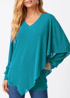Asymmetric Hem V Neck Cyan Layered T Shirt