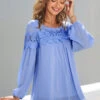 Lace Stitching Long Sleeve Blue Blouse