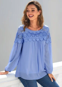 Lace Stitching Long Sleeve Blue Blouse -UrbanLayer Store 288379 P 16382530953844