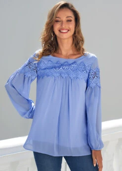 Lace Stitching Long Sleeve Blue Blouse -UrbanLayer Store 288379 P 16382530957712