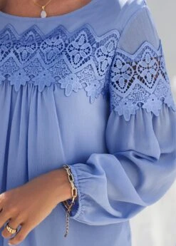 Lace Stitching Long Sleeve Blue Blouse -UrbanLayer Store 288379 P 16382530957813
