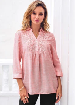 Lace Stitching 3/4 Sleeve Pink Blouse 10 Lace Stitching 3/4 Sleeve Pink Blouse -UrbanLayer Store 288380 P 16383291113683