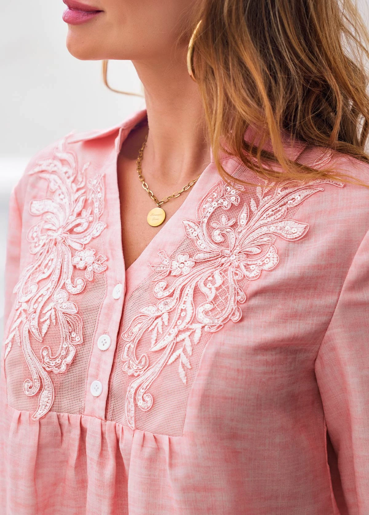 Lace Stitching 3/4 Sleeve Pink Blouse 7 Lace Stitching 3/4 Sleeve Pink Blouse - Image 5