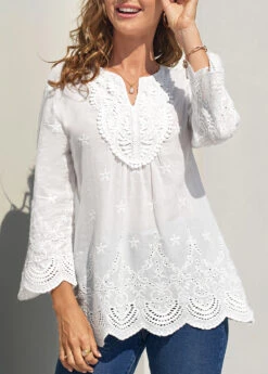 Lace Stitching White Split Neck Hollow Embroidery Blouse