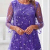 Mesh Stitching Embroidered Purple 3/4 Sleeve Blouse -UrbanLayer Store 288392 P 16382686669440