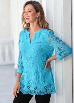 Sky Blue Split Neck 3/4 Sleeve Lace Blouse -UrbanLayer Store 288397 P 16383563291642