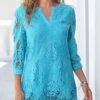 Sky Blue Split Neck 3/4 Sleeve Lace Blouse -UrbanLayer Store 288397 P 16383563295760