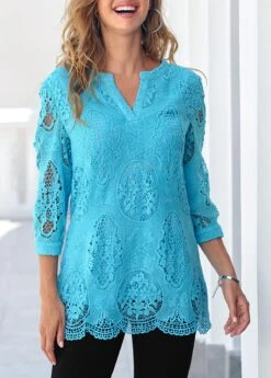 Sky Blue Split Neck 3/4 Sleeve Lace Blouse