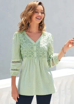 Light Green V Neck Lace Stitching T Shirt -UrbanLayer Store 289103 P 16382554986784