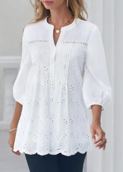 Embroidered Hollow Out Split Neck White Blouse