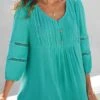 Lace Trim V Neck 3/4 Sleeve Cyan Blouse