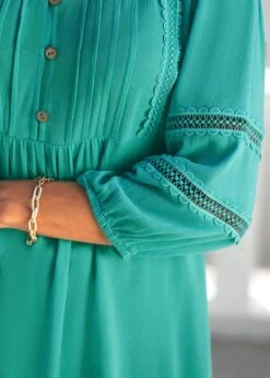 Lace Trim V Neck 3/4 Sleeve Cyan Blouse -UrbanLayer Store 289116 P 16391343756274