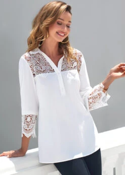 Lace Patchwork Turndown Collar White 3/4 Sleeve Blouse 10 Lace Patchwork Turndown Collar White 3/4 Sleeve Blouse -UrbanLayer Store 289129 P 16383282761603
