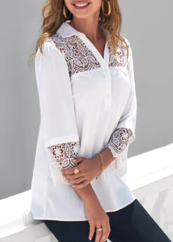 Lace Patchwork Turndown Collar White 3/4 Sleeve Blouse 9 Lace Patchwork Turndown Collar White 3/4 Sleeve Blouse -UrbanLayer Store 289129 P 16383282767822