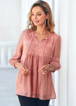 Lace Stitching Tie Front Coral Orange Blouse -UrbanLayer Store 289136 P 16393772955832