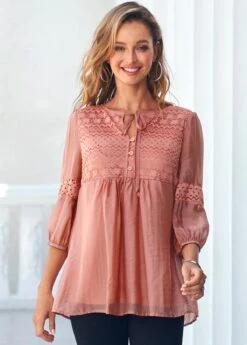 Lace Stitching Tie Front Coral Orange Blouse -UrbanLayer Store 289136 P 16393772958103