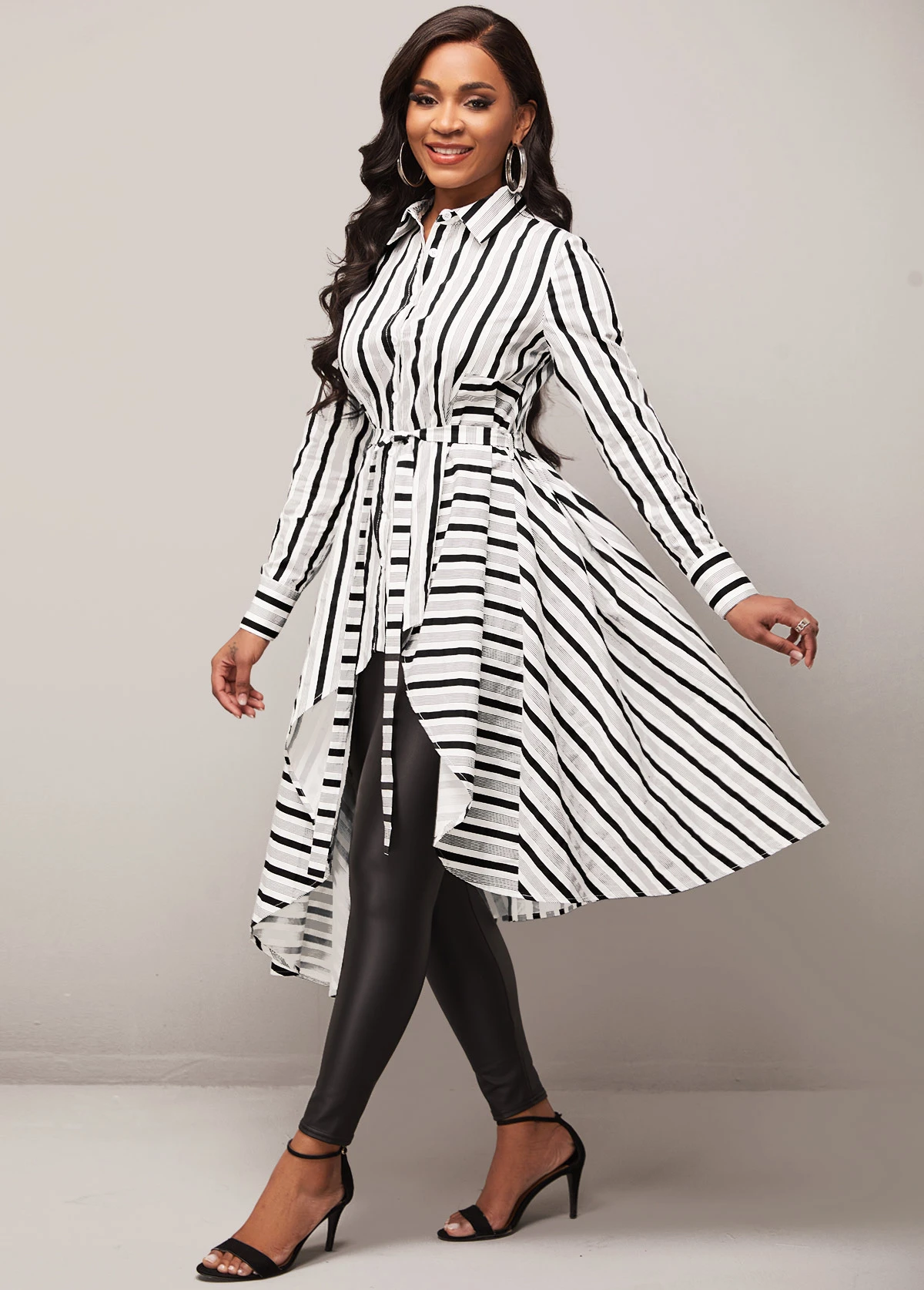 Asymmetric Hem Striped Color Block Belted Blouse 5 Asymmetric Hem Striped Color Block Belted Blouse - Image 3