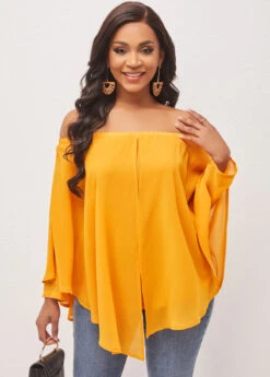 Off Shoulder Layered Asymmetric Hem Ginger Blouse -UrbanLayer Store 289909 P 16479432055173