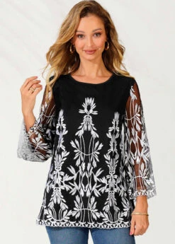 Embroidered Round Neck Black 3/4 Sleeve T Shirt 12 Embroidered Round Neck Black 3/4 Sleeve T Shirt -UrbanLayer Store 290343 P 16462107993594