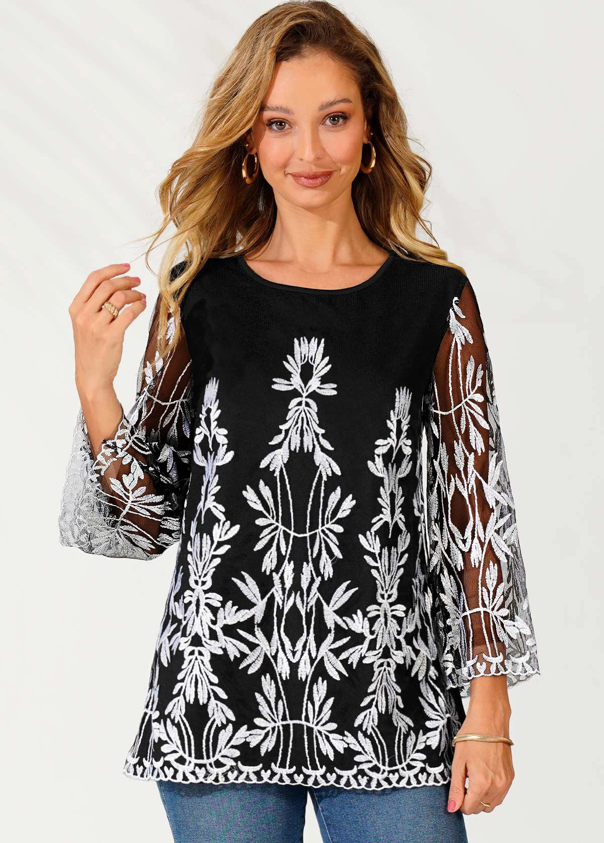 Embroidered Round Neck Black 3/4 Sleeve T Shirt 7 Embroidered Round Neck Black 3/4 Sleeve T Shirt - Image 5