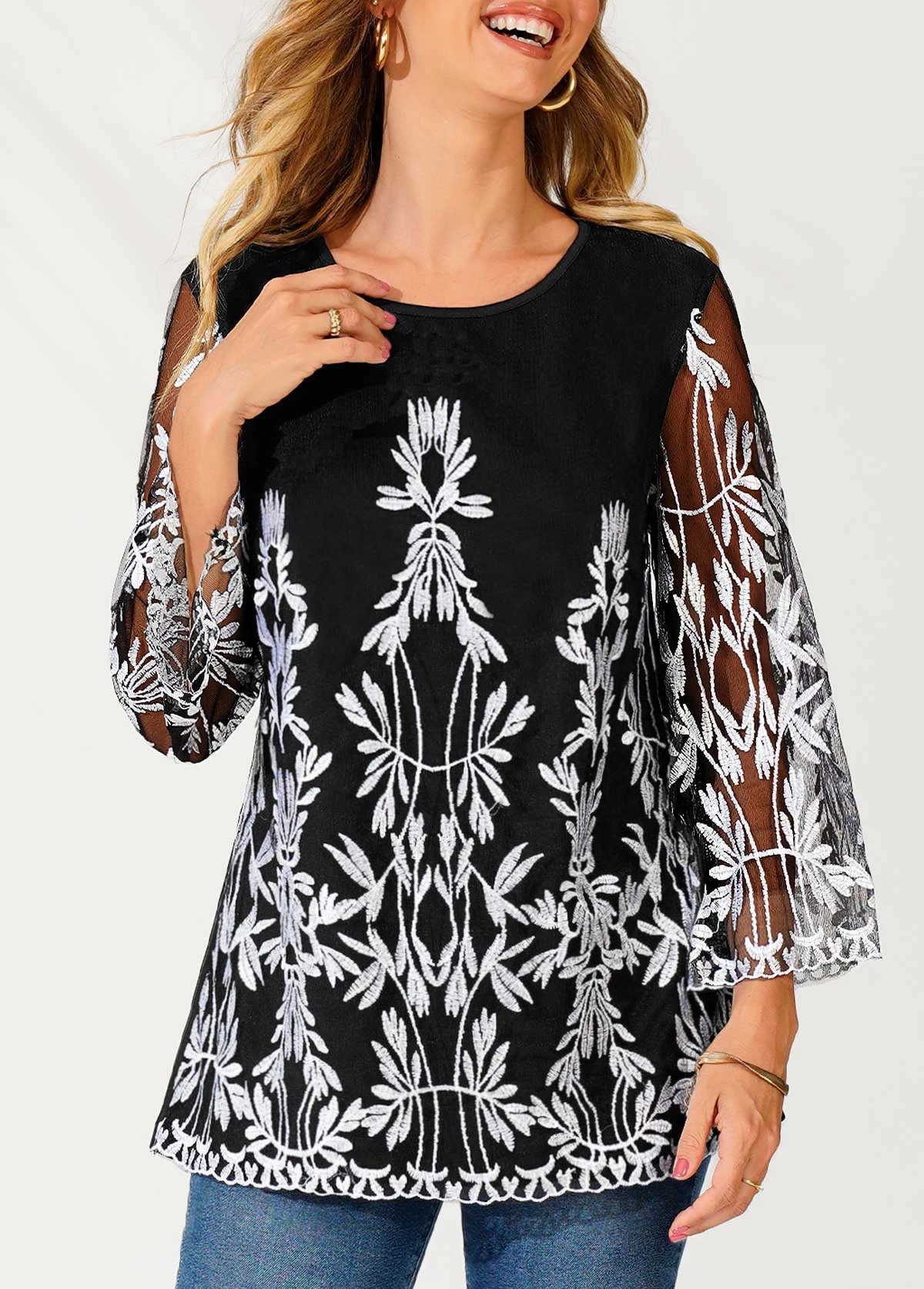 Embroidered Round Neck Black 3/4 Sleeve T Shirt 3 Embroidered Round Neck Black 3/4 Sleeve T Shirt