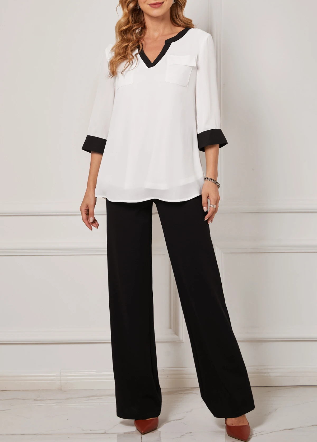 Double Pocket Split Neck White Blouse 7 Double Pocket Split Neck White Blouse - Image 5