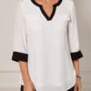 Double Pocket Split Neck White Blouse -UrbanLayer Store 290461 P 16395307255270