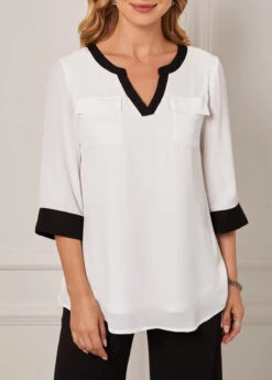 Double Pocket Split Neck White Blouse