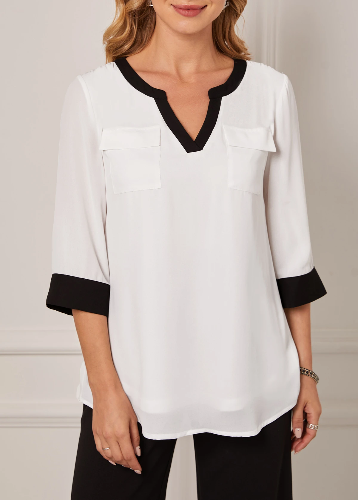 Double Pocket Split Neck White Blouse 3 Double Pocket Split Neck White Blouse
