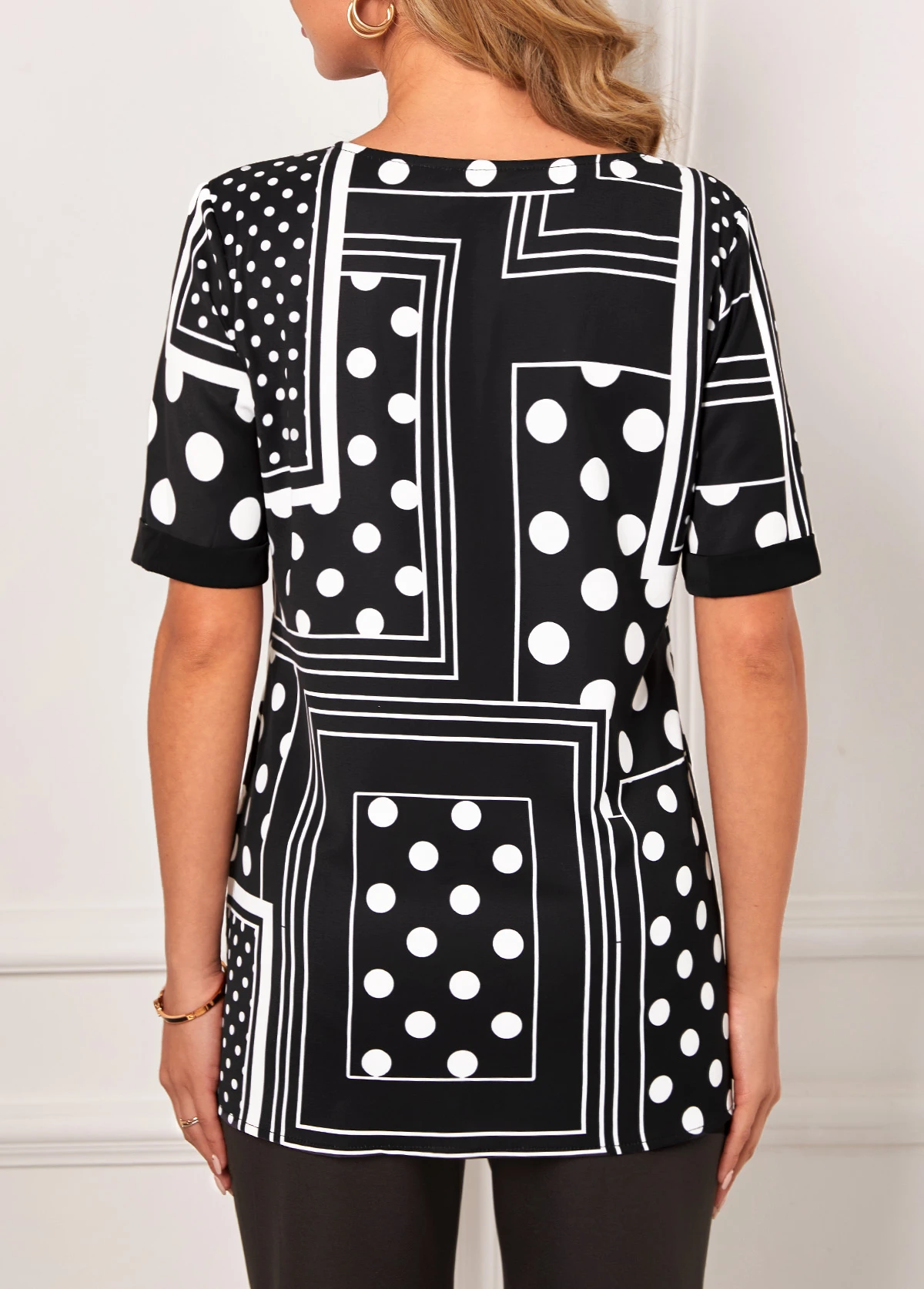 Polka Dot Geometric Print Split Neck Black T Shirt 4 Polka Dot Geometric Print Split Neck Black T Shirt - Image 2