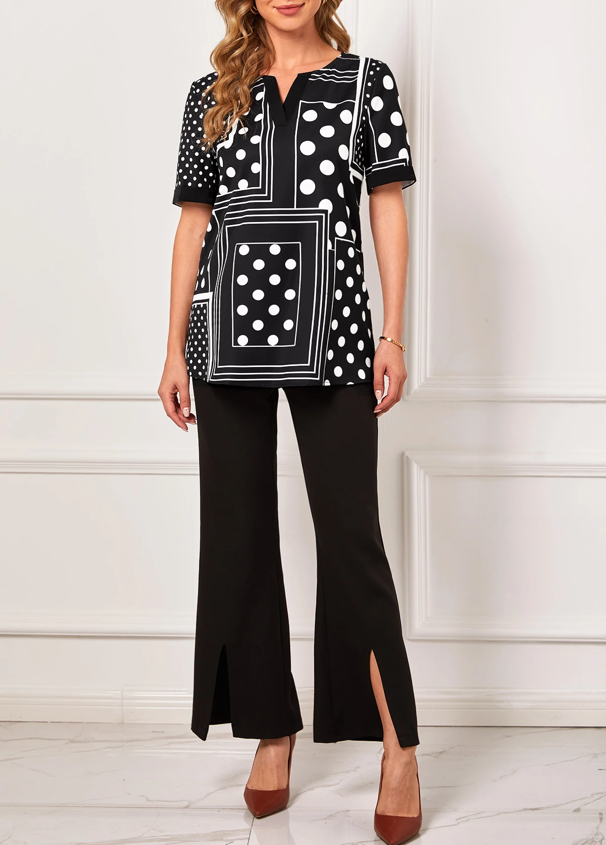 Polka Dot Geometric Print Split Neck Black T Shirt 6 Polka Dot Geometric Print Split Neck Black T Shirt - Image 4