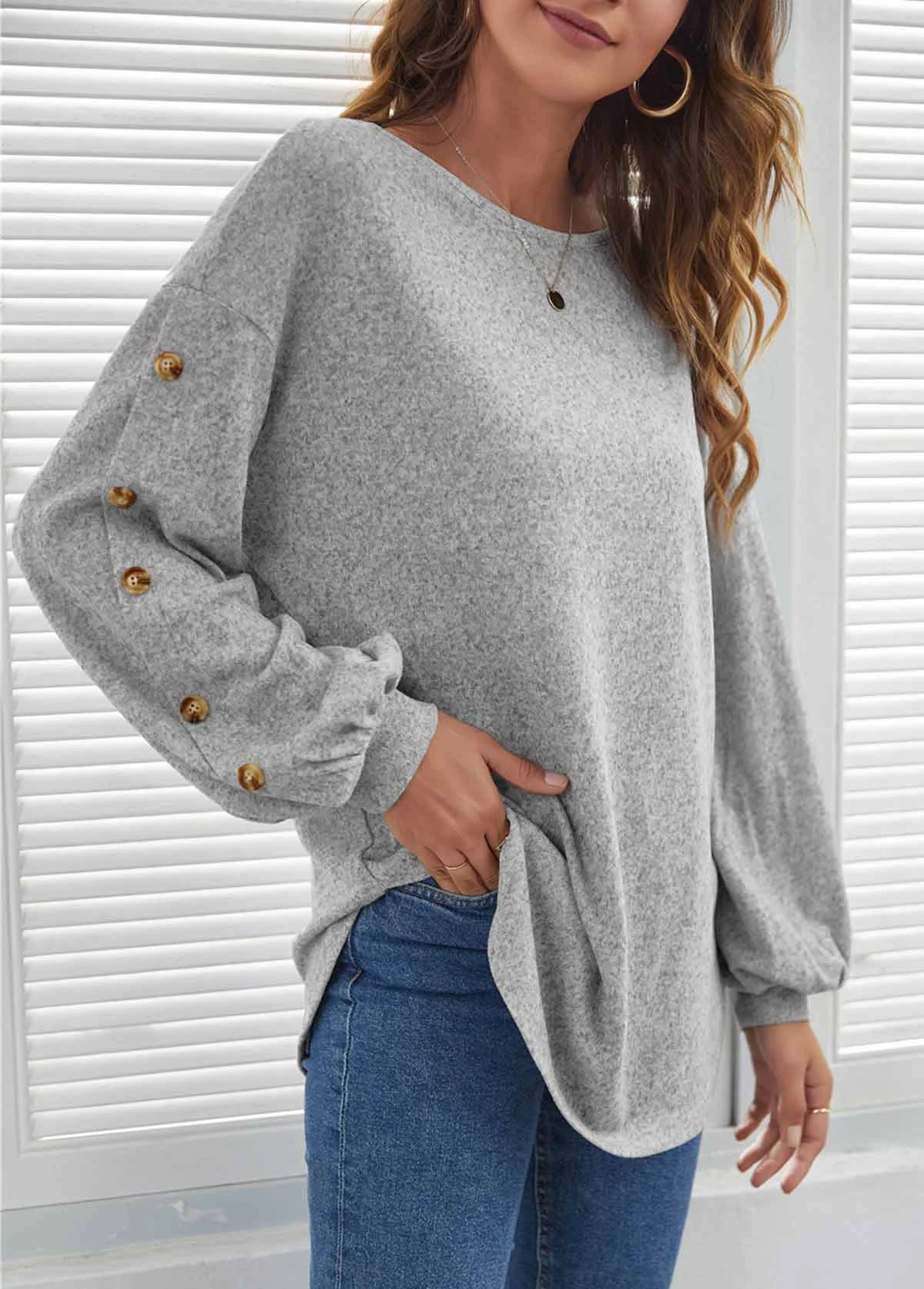 Decorative Button Long Sleeve Light Grey T Shirt 5 Decorative Button Long Sleeve Light Grey T Shirt - Image 3