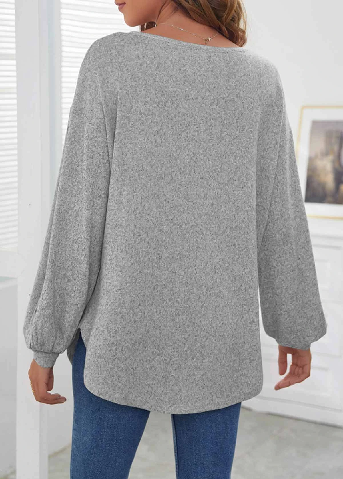 Decorative Button Long Sleeve Light Grey T Shirt 4 Decorative Button Long Sleeve Light Grey T Shirt - Image 2