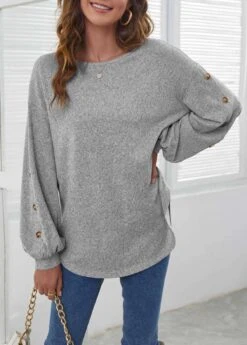 Decorative Button Long Sleeve Light Grey T Shirt 10 Decorative Button Long Sleeve Light Grey T Shirt -UrbanLayer Store 290598 P 1636512614666
