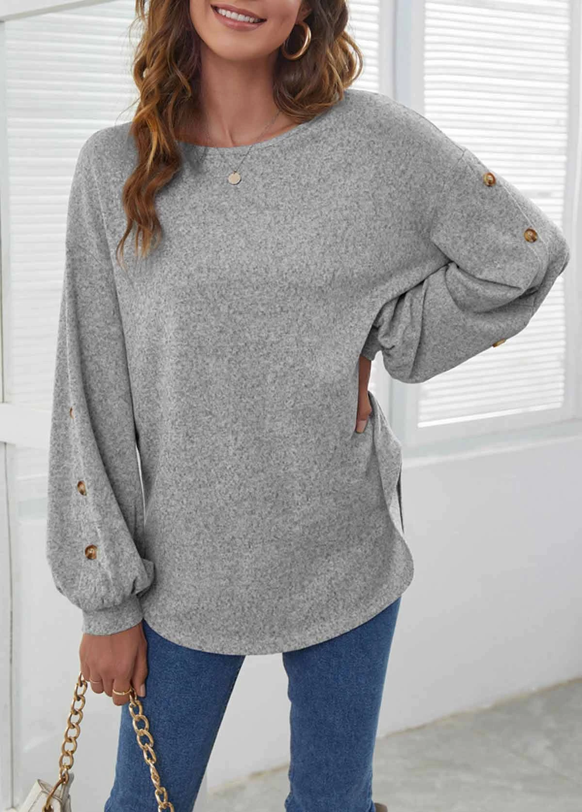 Decorative Button Long Sleeve Light Grey T Shirt 6 Decorative Button Long Sleeve Light Grey T Shirt - Image 4