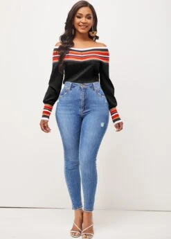 Stripe Off Shoulder Black Long Sleeve Blouse -UrbanLayer Store 290838 P 16421495870703